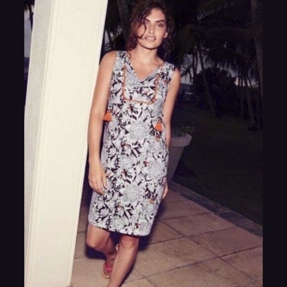 Boden Lana Floral Split Neck Tassel Sleeveless Dress in Brown w/White Blk Floral - Picture 1 of 8